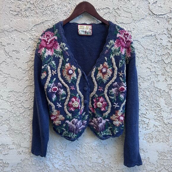Vintage Crystal Kobe Floral Embroidered Knit Cardigan Sweater Size Medium - Picture 1 of 4